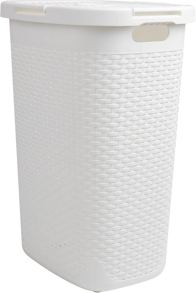 Mind Reader Slim Laundry Hamper with Lid, 60L Clothes Basket, Premium Wicker Design, Plastic, White