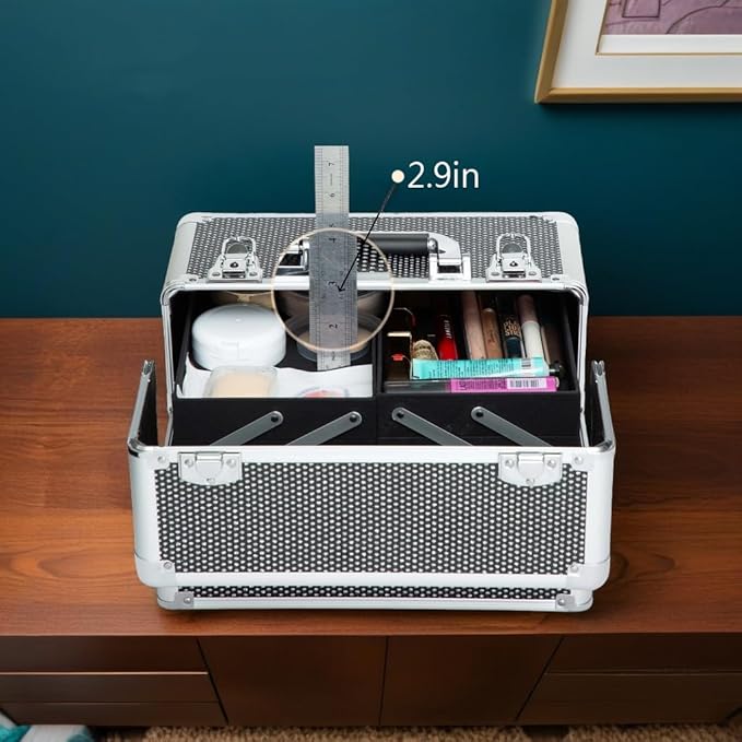 Makeup Rolling Train Case - Professional Cosmetics Organizer with Aluminum Frame, Folding Trays & Wheels, Portable for Travel & Studio (Black Diamond)