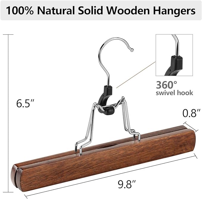 AMKUFO 12 Pack Wooden Pants Hangers with Clips Non Slip Skirt Hangers Walnut Trouser Clamp Hanger Solid Wood Hanger with 360° Swivel Hook