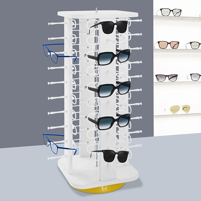 40 Pairs Glasses Rack, 360° Rotating Sunglasses Display Rack, 4-Sided Eyeglasses Storage Organizer, Eyewear Holder, Commercial Sunglasses Display Stand, White