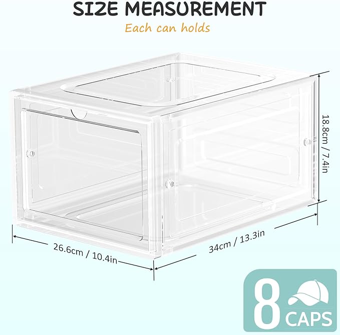6 Pack Hat Organizer Box, Stackable Clear Baseball Caps Holder Box Containers with Magnetic Door for Hats Snapback Cap Storag, Hat Rack Display Case, Holds 8 Hats Each (Clear)