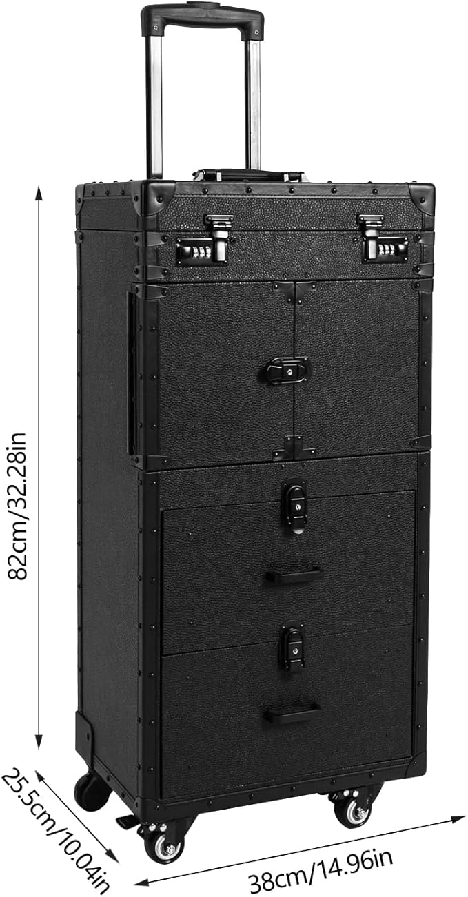 Rolling Makeup Case Large Storage Cosmetic Trolley, Rolling Lockable Makeup Train Case, Stylist Beauty Salon Cosmetic Luggage Travel Organizer Tool Box with Hair Dryer Holder (Black)