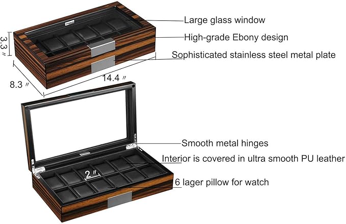 12 Watch Box for Men Watch Display Case Wood Luxury Watch Box with Large Glass Window,Watch Organizer Box with Ultra Smooth PU Leather Interior