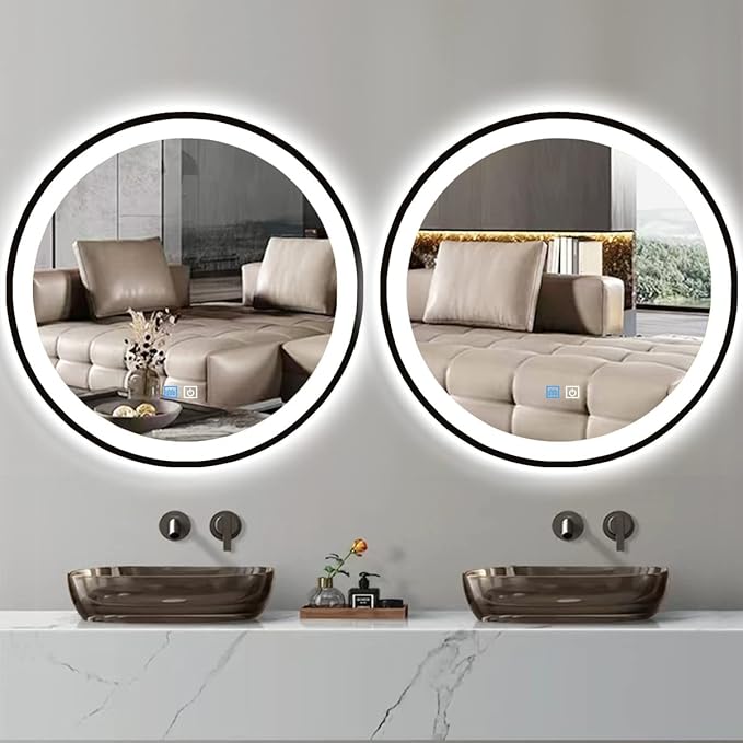 24 Inch Black Frame Round Lighted Mirror for Bathroom Salon Wall Black Round LED Vanity Mirror with Lights 3 Color Adjustable Brightness AntiFog 24" BlackFramed Circle Smart Light up Mirrors