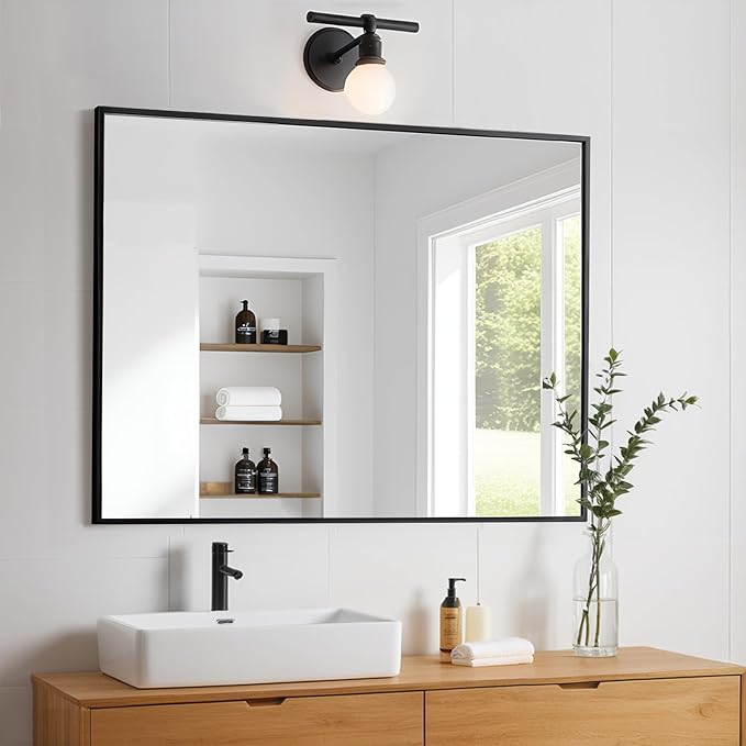 Rectangle Bathroom Mirror 28x34 inch, Large Mirror with Black Frame, Rectangular Vanity Mirror 28" X 34", Modern Matte Wall Mounting Mirrors, Hang Horizontal or Vertical