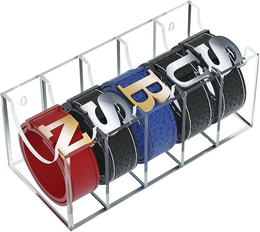 GTI Belt Organizer,Acrylic 5 Compartments belt organizer for closet and wall,Belt Storage Holder for Drawer,Clear Belt Display Case for Closet Tie and Bow Tie