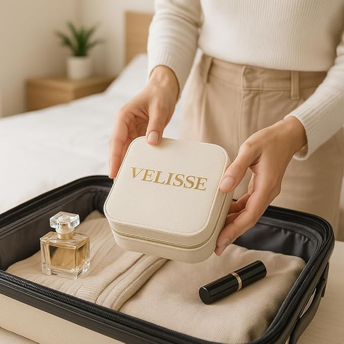 Velisse Travel Jewelry Case – Small Jewelry Travel Case Organizer, Jewelry Box Travel Case, PU Leather Jewelry Box for Rings, Earrings & Necklaces, Travel Organizer & Valentine’s Day Gifts for Her