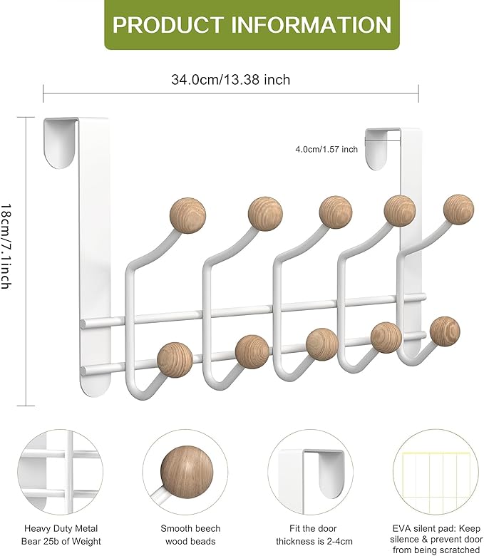 2 Pack Over The Door Hooks(7.1" H) with 10 Wooden Knobs, Over Door Hanger, Heavy Duty No Drill Hanger for Towels, Coats, Hats, Bags in Bathroom, Bedroom, Kitchen, Living Room