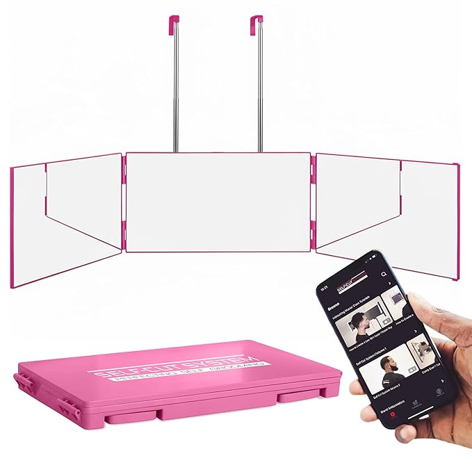 Self-Cut System 3 Way Mirror for Braiding Hair, Styling & Hair Coloring - Tri-Fold Three Way Mirror with Telescoping Hooks - Compact & Travel Size - Over-the-Door Mount for DIY Haircuts, Makeup - Pink