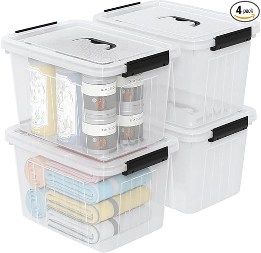 12 L Clear Lidded Storage Box, Plastic Latching Bin with Handle, 4 Pack