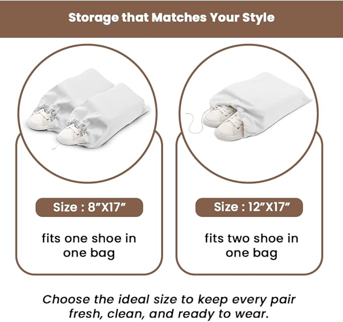 LFH Cotton Rich Shoe Storage Bags with Drawstring, Dustproof Breathable Reusable Organizer, Perfect For Travel, Dorm, Hotel, College, Gym, Easy to Carry, Machine Washable 8"x17" (Pack of 4) - White