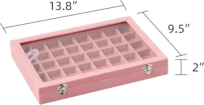 Frebeauty 40 Grid Jewelry Tray,Adjustable Earring Holder Organizer with Glass Lid,Velvet Drawer Jewelry Organizer for Rings,Studs,13.8 x 9.5 x 2 Inches Jewelry Display Box,Gift for Women(Pink)