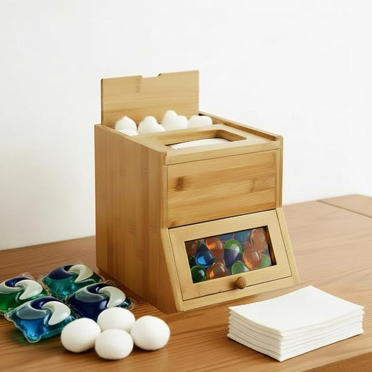Bamboo Laundry Pods Container 10.6 x 8.3 x 6.9 Inch, 3 in 1 Multi Purpose Storage Organization Container for Laundry Pods, Facial Tissues, Disposable Gloves, Dryer Sheet Box