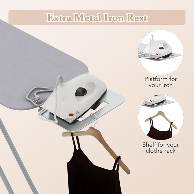COSTWAY Ironing Board Full Size, Foldable Iron Table w/Rest, Height Adjustable, Removable Cover, Heavy-Duty Metal, Compact and Space Saver Iron Board for Living Room, Laundry (Light Gray)
