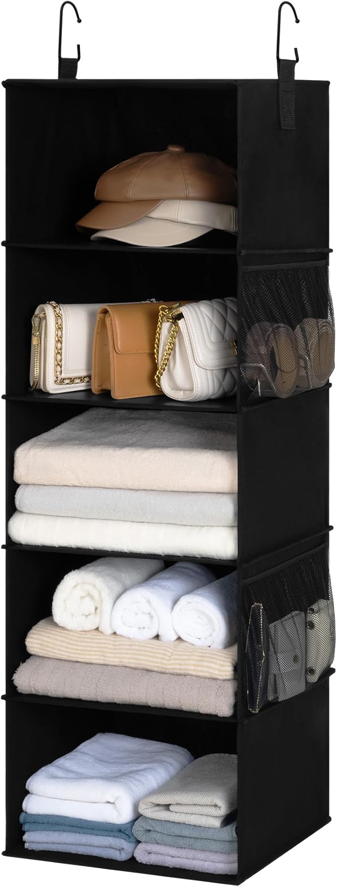 StorageWorks 5-Shelf Hanging Closet Organizers, Foldable Closet Storage Organizer with 2 Side Pockets, Portable Hanging Shelves for Clothes, Sweater, Towels, 12 1⁄2" D x 15" W x 48" H, Black