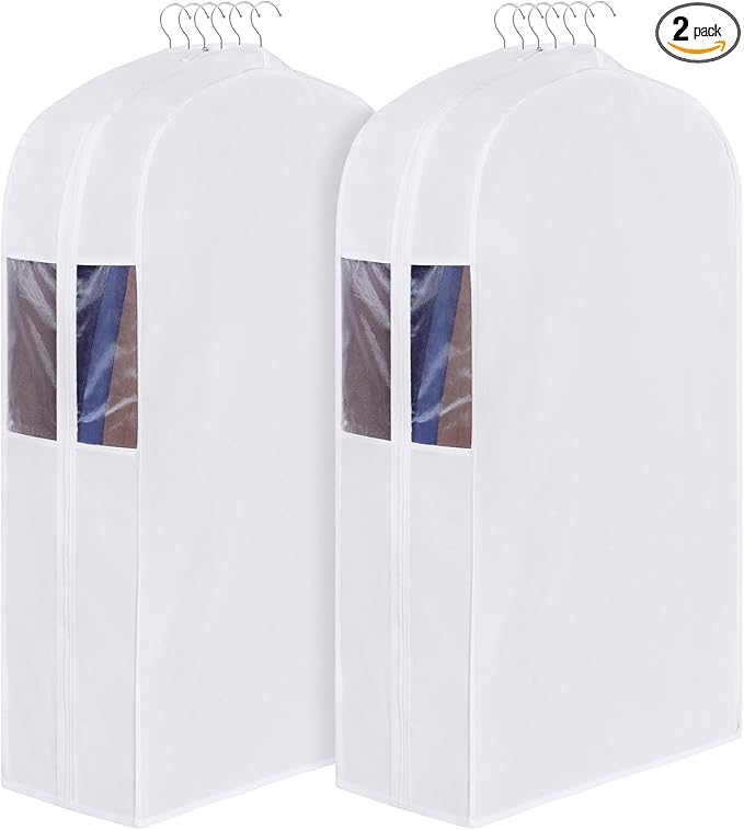 Univivi Premium Cotton Garment Bags for Hanging Clothes and Storage, 40 Inch Washable Suit Cover Bag with Extra Large 10" Gusset & Clear Window - Perfect for Suits, Coats, Jackets - 2 Pack