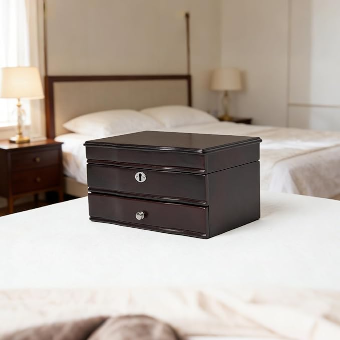 Brown jewelry box,watch cases for men with large Window,3-Tier Storage Organizer And Velvet Lining,jewelry organizers and storage for watches,Tie Pins, Rings