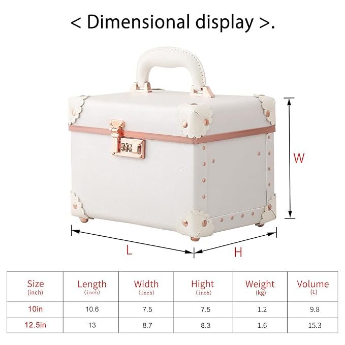 urecity Vintage Makeup Train Case with Rose Gold Hardware, White Embossed Pattern, Combination Lock Security, Portable Cosmetic Storage Box with Handle