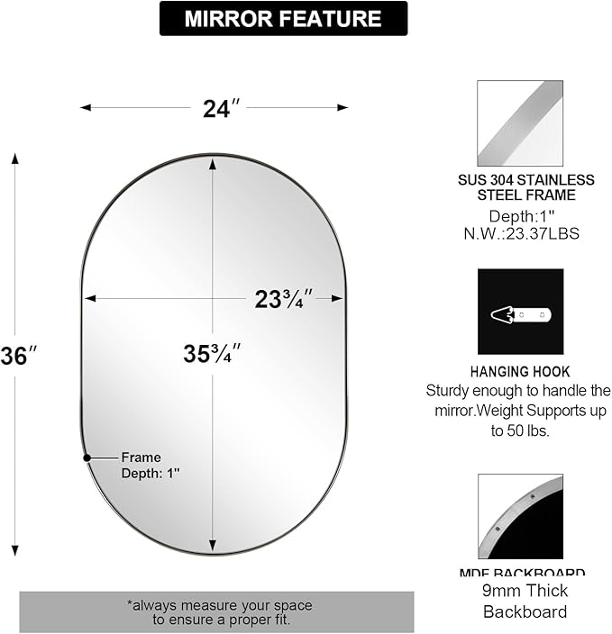 ANDY STAR Brushed Nickel Oval Bathroom Mirror, 24x36 Nickel Pill-Shaped Mirror, Oval Mirrors Wall-Mounted Mirror Vertical/Horizontal