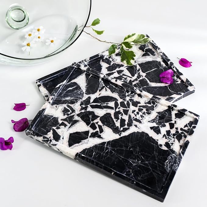 Real Luxurious Natural Marble Vanity Tray Genuine Marble Storage Tray for Home Decor Stone Tray for Bathroom/Kitchen/Vanity/Dresser,Plate Holder for Tissues, Candles, Towel