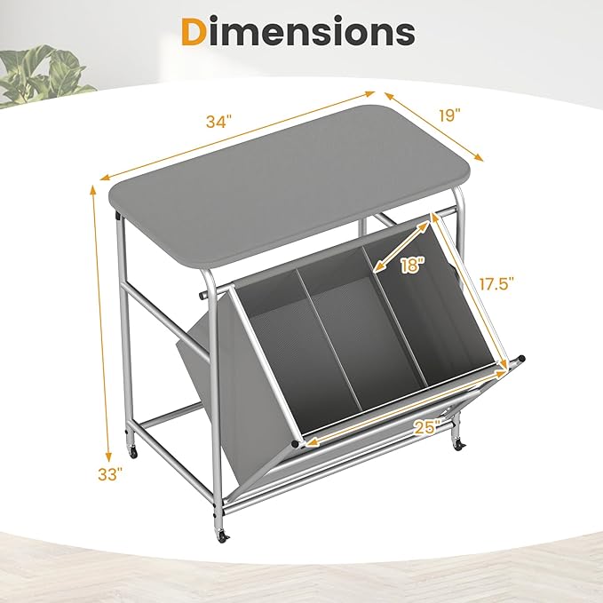 Giantex Laundry Sorter with Foldable Ironing Board, 3 Section Tilt Out Laundry Hamper with Removable Bags, Heavy-Duty Rolling Laundry Cart with Lockable Wheels for Bathroom Bedroom, Grey