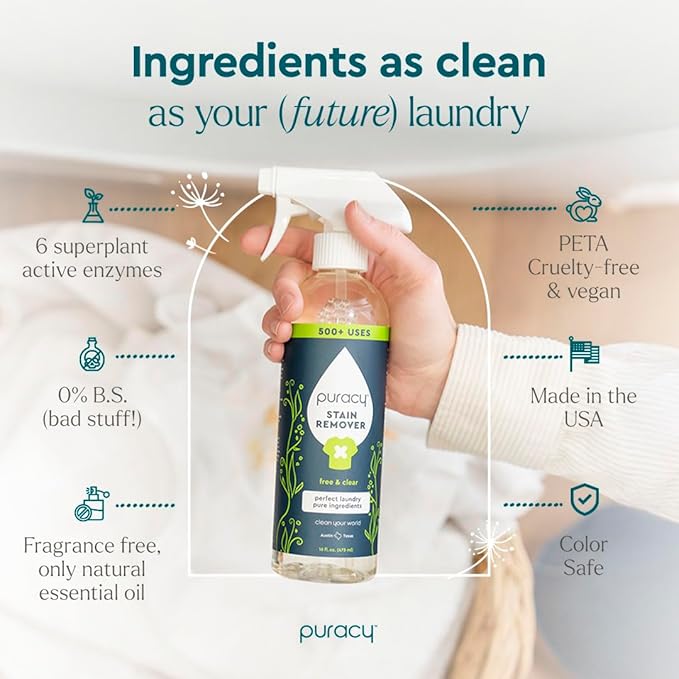 Puracy Stain Remover, Natural Travel and Laundry Stain Cleaner for Clothes, Baby Essentials, Kids Stains, Oil and Fabric Spot Cleaner, Unscented (48 fl oz, Pack of 2, and12 fl oz)