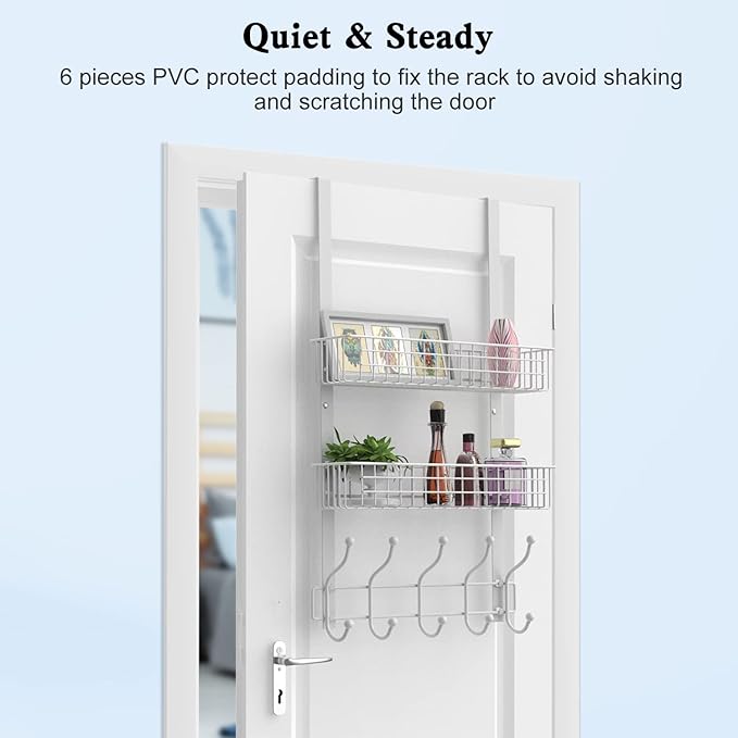 Coat Rack, Over The Door Hanger with Mesh Basket, Detachable Storage Shelf for Towels, Hats, Handbags, Coats (White-2 Baskets)