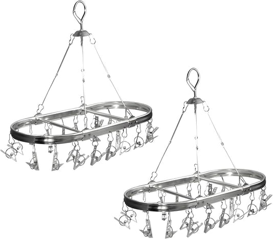 Sock Hanger for Drying with 26 Clips - Aluminum Hanging Drying Rack Set for Underwear, Baby Clothes & Delicates | Wind-Resistant Hooks & Oval Design (Silver) - 2 Pack