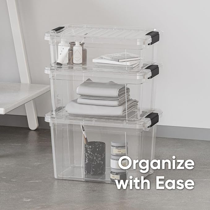 Superio Clear Storage Boxes with Lids, 8.75 Quart Plastic Container Bins for Organizing, Stackable Crates, BPA Free, Non Toxic, Odor Free, Organizers for Home, Office and Dorm, 6 Pack