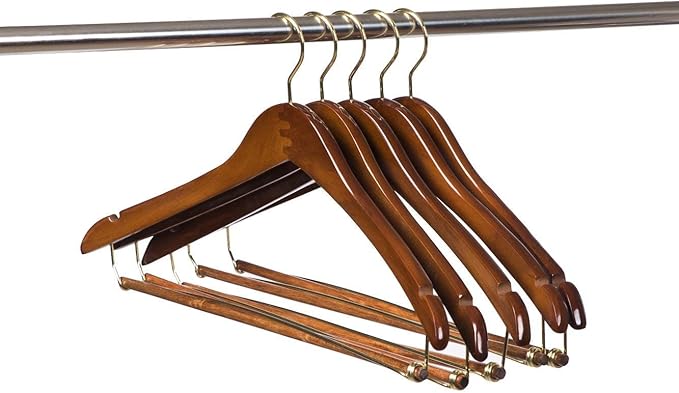 10 Quality Hangers Curved Wooden Hangers Beautiful Sturdy Suit Coat Hangers with Locking Bar Gold Hooks Walnut Finish (10)