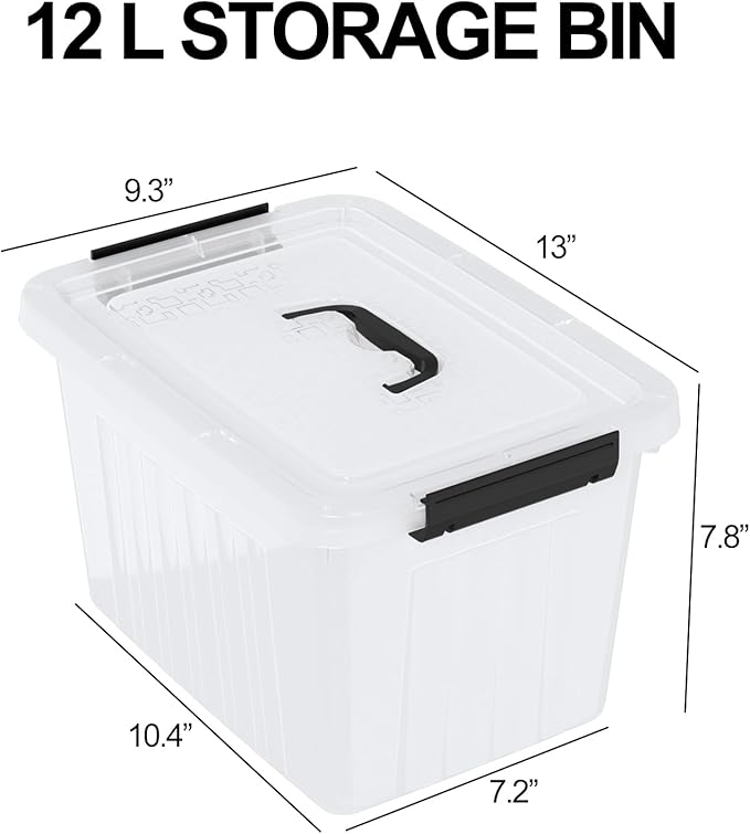 12 L Clear Lidded Storage Box, Plastic Latching Bin with Handle, 4 Pack
