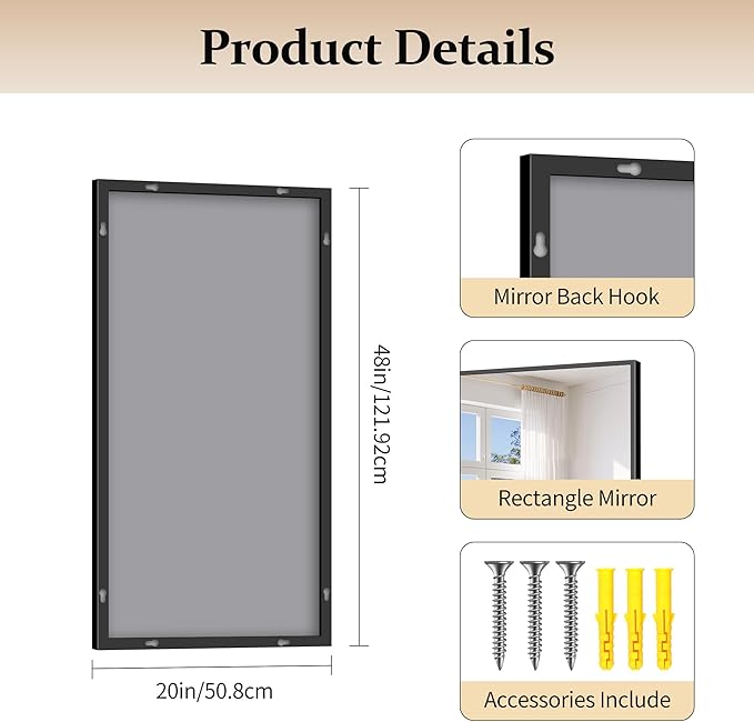 Black Bathroom Mirror for Wall, 20x40 Inch Rectangle Mirror with Metal Frame, Modern Vanity Mirrors for Bathroom Living Room, Entryway Hangs Horizontal or Vertical