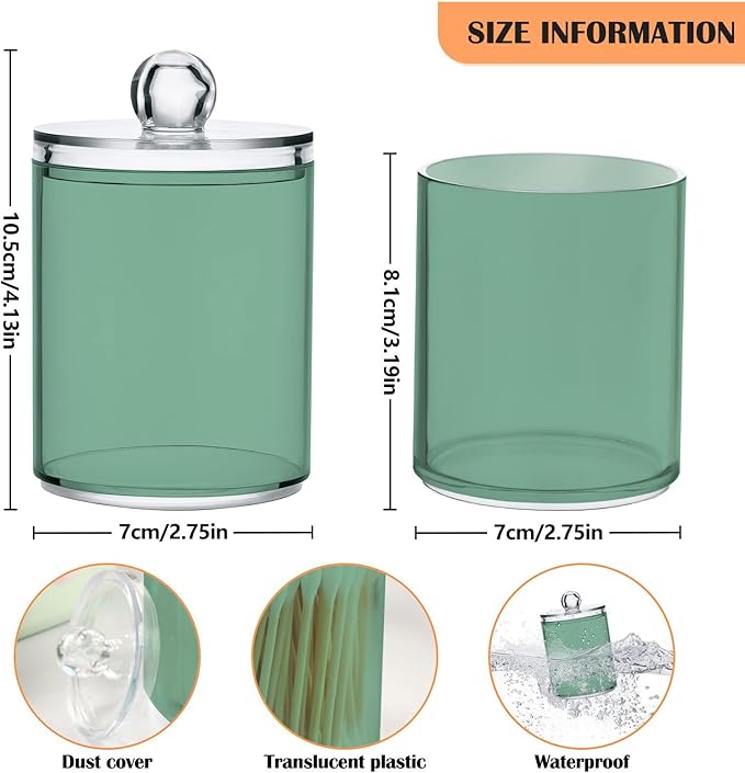 Sage Green Qtip Dispenser Apothecary Jars Bathroom Qtip Holder Storage Canister 10 Oz Plastic Jar for Cotton Ball Swab Round Pads Floss 4pcs
