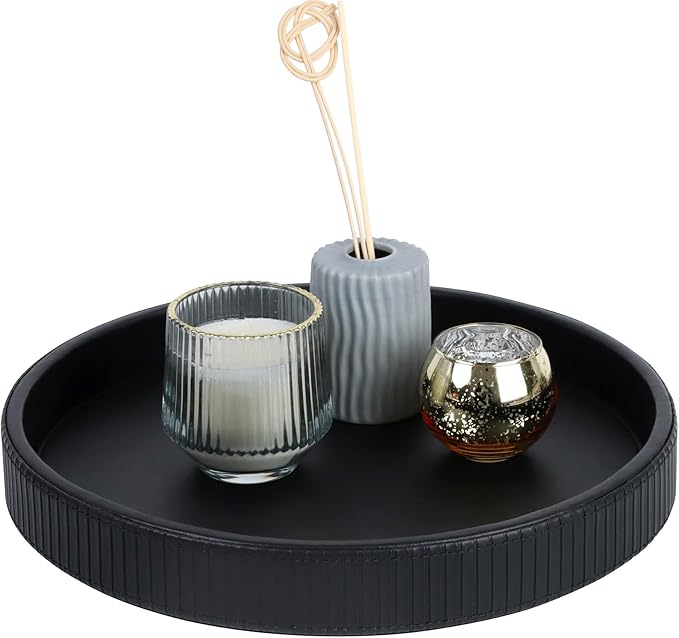 HofferRuffer Round Decorative Tray, Faux Leather Vanity Tray Decor, Decorative Catchall for Perfume, Bathroom Valet, Nightstand or Dresser (Black Stripe, Round-12" x 12" x 1.6")