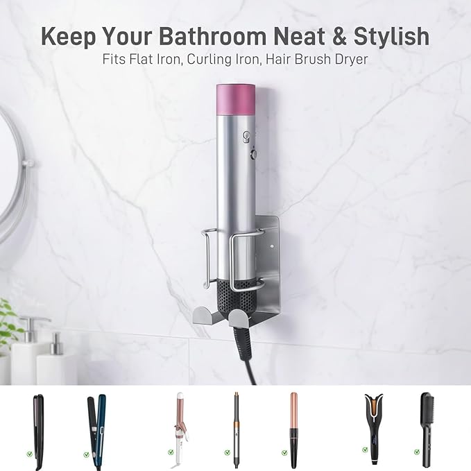 Curling Iron Holder, Stainless Steel Flat Iron Holder Wall Mount, Hair Straightener Holder for Bathroom Storage, Dyson Airstraight Holder Space Saving Silver PTALSEAW