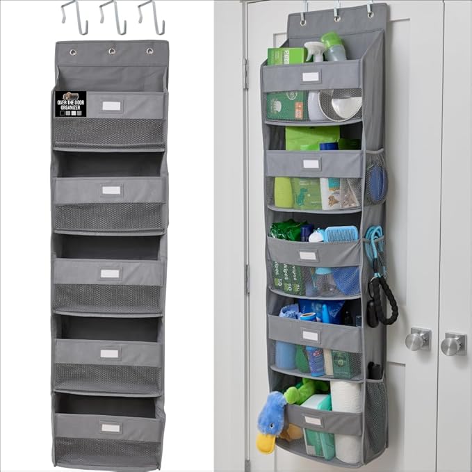 GORILLA GRIP Over The Door Organizer Storage, 5 Deep Hanging Shelves, Holds 50lbs, Closet Organizers Shelf for Bedroom, Bathroom, Nursery, Dorm Essentials, 3 Metal Hooks, 58x15 Inches, Grey