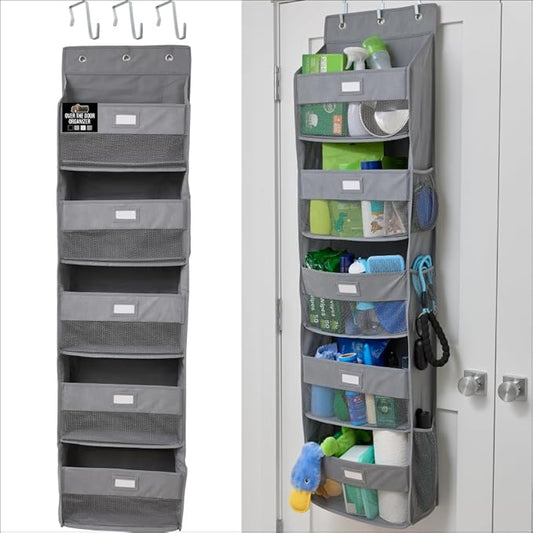 GORILLA GRIP Over The Door Organizer Storage, 5 Deep Hanging Shelves, Holds 50lbs, Closet Organizers Shelf for Bedroom, Bathroom, Nursery, Dorm Essentials, 3 Metal Hooks, 58x15 Inches, Grey