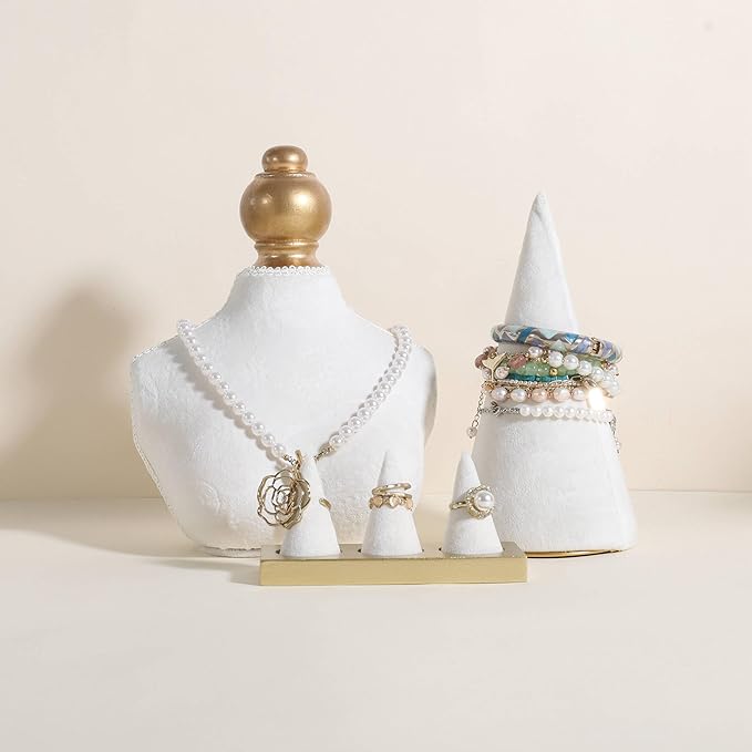 GemeShou Jewelry ring display holder for selling, velvet ring cone display stand, cute cone shaped ring holder with golden coated base,Medium jewelry ring storage organizer【Ring holder-white 3 cone】