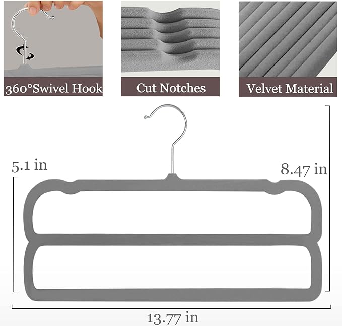 Velvet Pants Hangers 10 Pack,2 Tier Jeans Hanger,Premium Non Slip,Thin Space Saving Slim Trousers Hanger,13.77inch