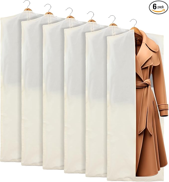 Aliceset 6 Pcs 24 x 65 inches Cotton Garment Bags for Hanging Clothes, Canvas Suit Bags for Clothes Coats Jackets Shirts Closet Storage Travel Gusseted Hanging Garment Cover