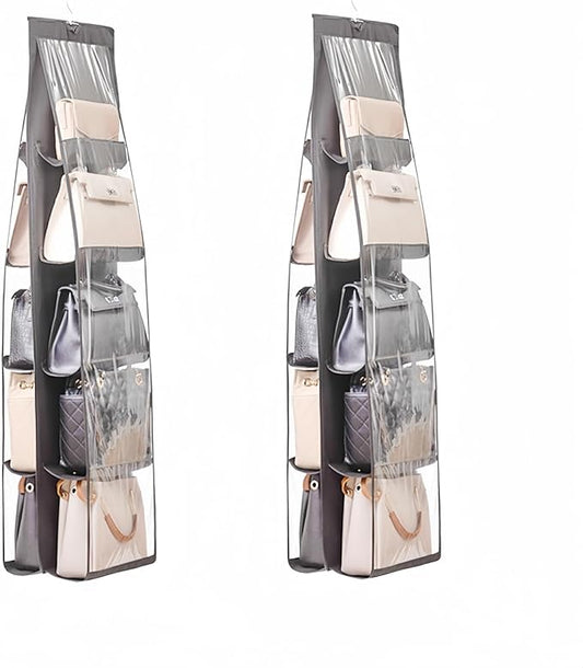 HAN SHENG 10 Pockets Clear Handbag & Purse Organizer Hanging Bag Storage - Space Saving Hanging Shelf for Closet, Wardrobe, Over Door (2 Pack, Grey)