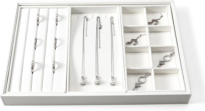 4 In 1 Leather Jewelry Trays Jewelry Drawer Organizer Tray Stackable Jewelry Trays Necklace Bracelet Ring Earring Organizer Tray(White)