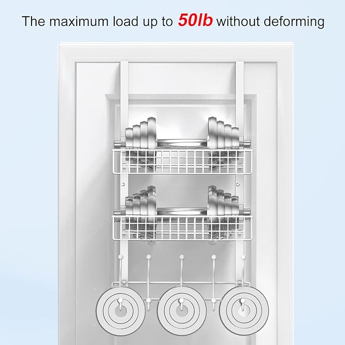 Coat Rack, Over The Door Hanger with Mesh Basket, Detachable Storage Shelf for Towels, Hats, Handbags, Coats (White-2 Baskets)