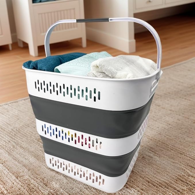 SAMMART 40L (10.5 Gallon) Collapsible Plastic Laundry Basket - Foldable Pop-Up Storage Container/Organizer – Portable Space Saving Laundry Hamper (1, White/Steel Grey)