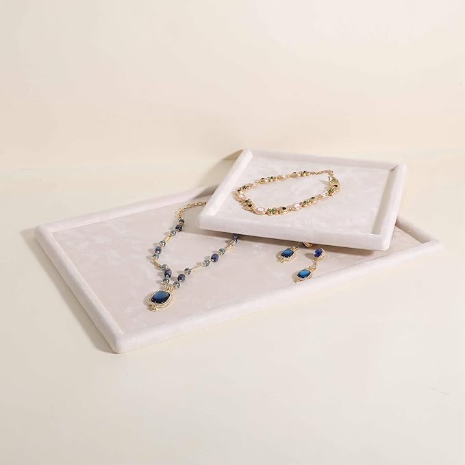 Rectangle Jewelry storage organizer plate, Velvet Jewerly display tray, Empty showcase tray for Necklace Bracelet Ring Earring【Beige-Large, 17.7 x 11.8 in 】