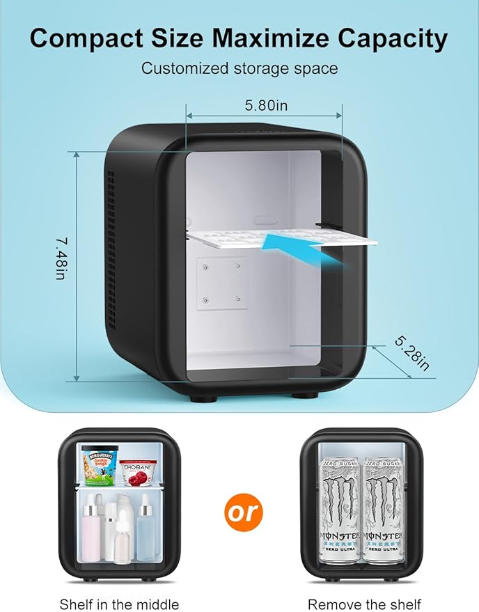 CROWNFUL Mini Fridge, 4 Liter/6 Cans Portable Skincare Fridge, AC/12V DC Cooler and Warmer Personal Refrigerator for Bedroom, Car, Dorm, Office, Food, ETL Listed Black