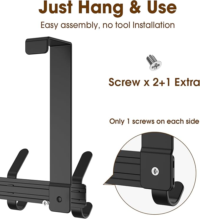Over The Door Hooks Hanger with 7" Arms for Hanging Heavy Coats, Towel, J7U, Perfectly Fits US Standard 1 3/4-inch Doors, Towel Rack Bathroom Organizer Holder, Rustproof, Black