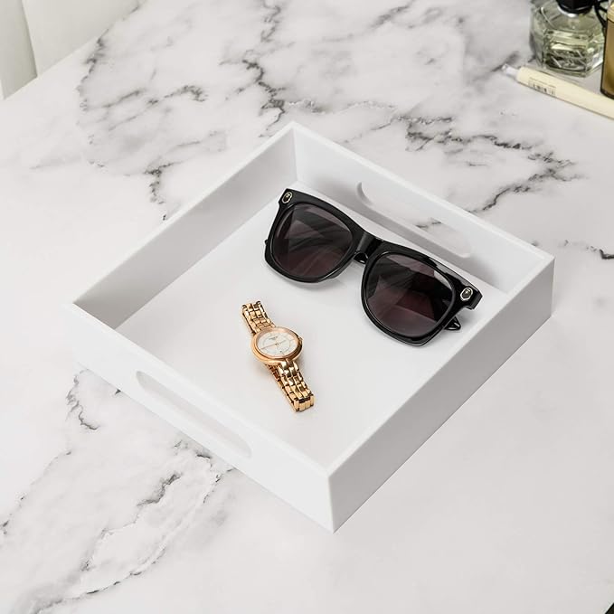 White Sturdy Acrylic Tray with Handles-8x8 Inch- Countertop Organizer Tray for Kitchen,Bathroom,Office- Storage Box for Cosmetics, Jewelry,Toiletries,Toy,Gadgets