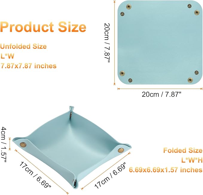 HARFINGTON 4pcs PU Leather Valet Tray Unisex Folding Small Catchall Tray Portable Entryway Table Tray Nightstand Bedside Desk Tray for Key Wallet Watch Coin Jewelry Dice, Light Blue
