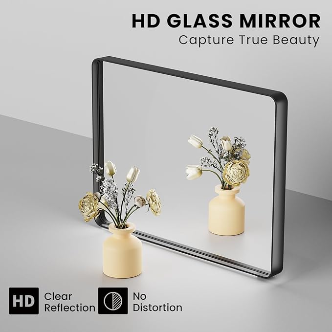 Black Bathroom Mirror 38X38 Inch, Black Metal Framed Mirror for Wall, Rounded Rectangle Matte Bathroom Vanity Mirror with Tempered Glass, Anti-Rust, Horizontal/Vertical